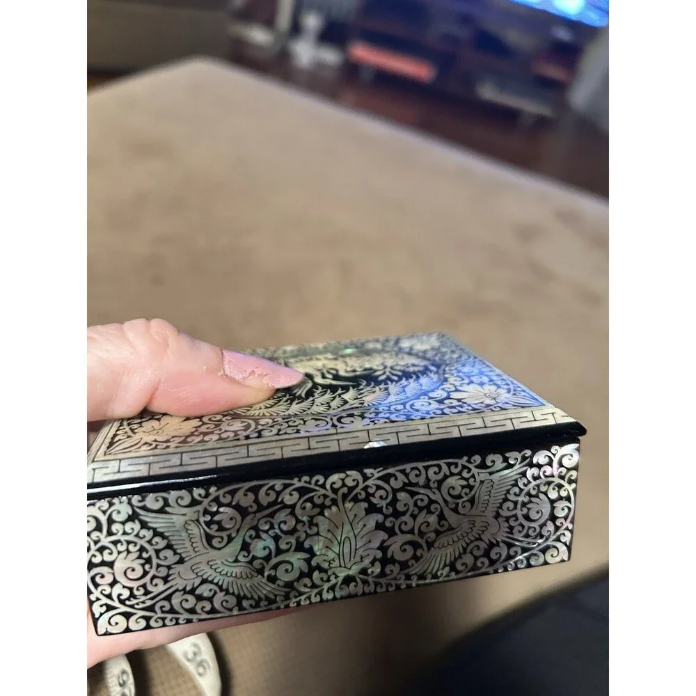 Korean Lacquerware Mother-Of-Pearl Box Floral & Cranes Bird Najeonchilgi Trinket